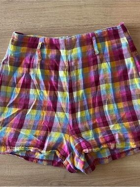 Multicolor Plaid Women’s High-Rise Shorts - Pink & Yellow